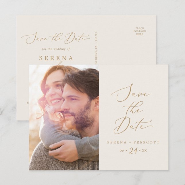 Postal De Invitación Delicate Gold y Cream Photo Save the Date (Anverso / Reverso)