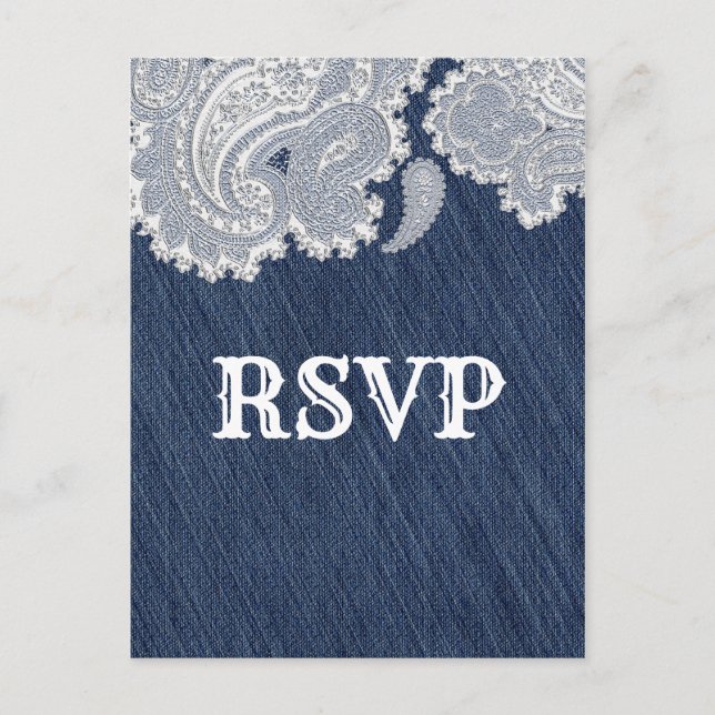 Postal De Invitación Denim Jean y Encaje Blanco Elegante Boda RSVP (Anverso)