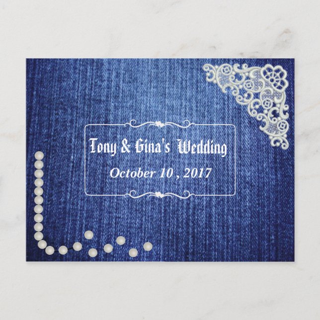 Postal De Invitación Denim Pearls & Lace Wedding RSVP (Anverso)
