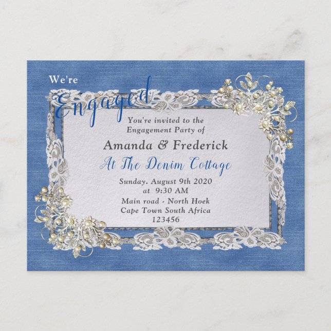 Postal De Invitación Denim Textured Lace and Pearls (Anverso)