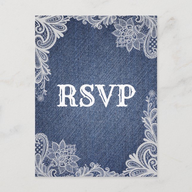 Postal De Invitación Denim y encaje floral blanco elegante RSVP de boda (Anverso)