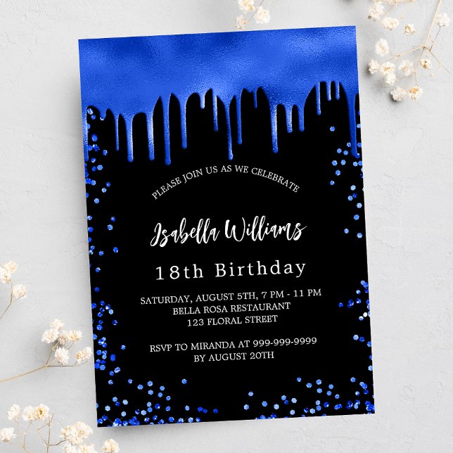Postal De Invitación Derivaciones azules de la realeza negra de cumplea (Subido por el creador)