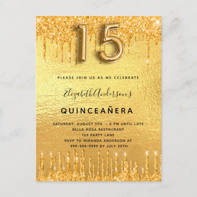 Postal De Invitación Derivaciones de oro de fiesta Quinceanera (Anverso)