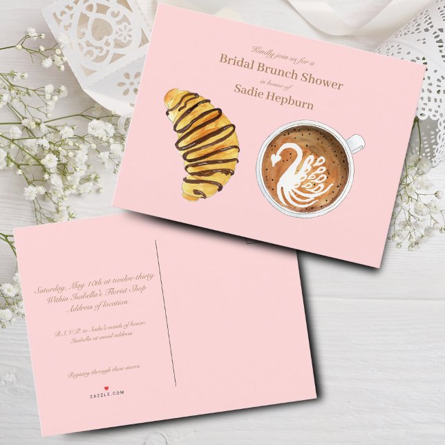 Postal De Invitación Desayuno Brunch de Despedida de Soltera Latte de A (Chic Brunch Invitation: Hand-painted, budget-friendly invite for a romantic bridal shower.)