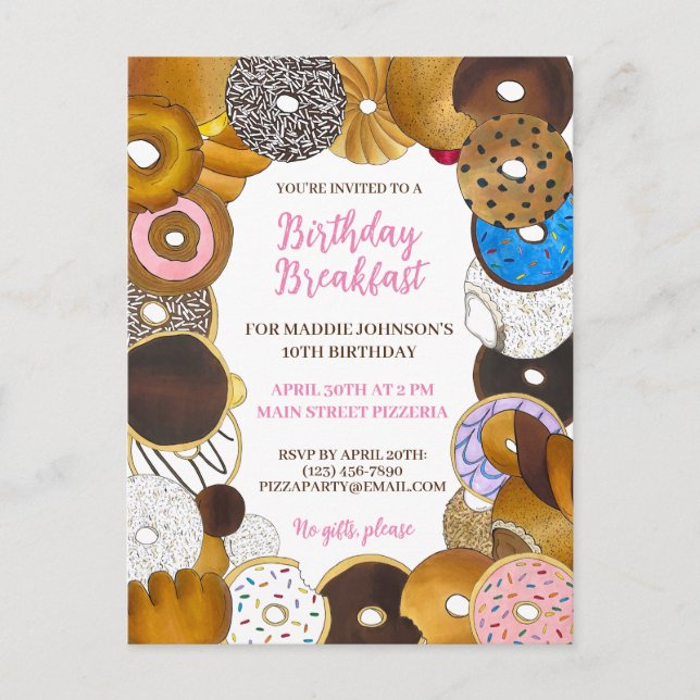 Postal De Invitación Desayuno de cumpleaños Brunch Doughnut Donut Comid (Anverso)
