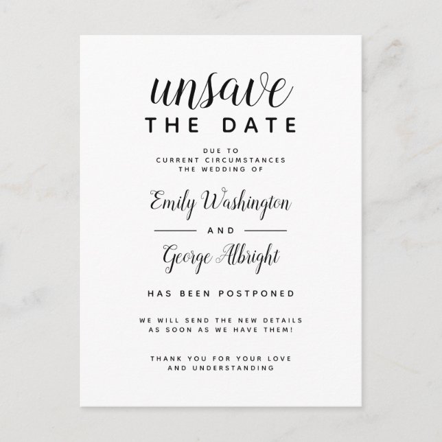 Postal De Invitación Desmarcar Fecha Elegante Boda Pospuesta (Anverso)
