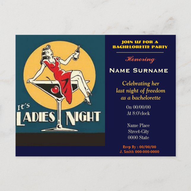 Postal De Invitación despedida de soltera, fiesta, noche, cuando... (Anverso)