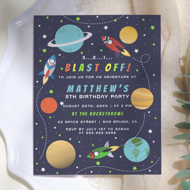 Postal De Invitación ¡Despegue! Fiesta de Cumpleaños de Nave Espacial e (Subido por el creador)