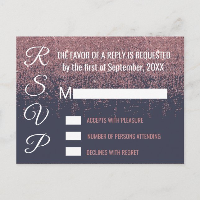 Postal De Invitación Destellos de Rosa Dorado Respuestas de Azul Marino (Anverso)