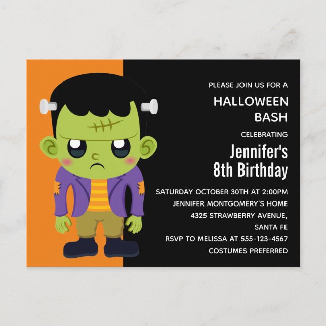 Postal De Invitación Día de cumpleaños de Halloween en el Monstruo Fran (Anverso)