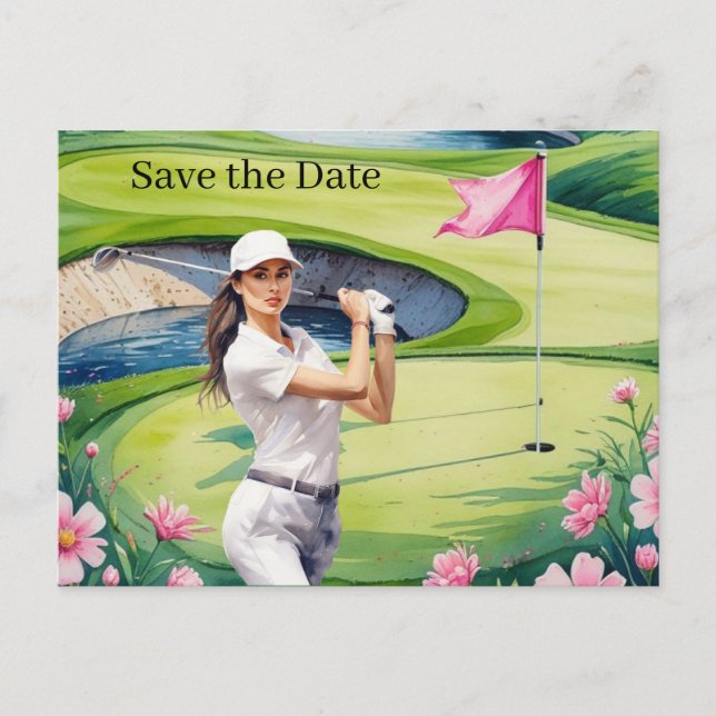 Postal De Invitación Día del Golf Femenino Femenino con flor rosa (Anverso)