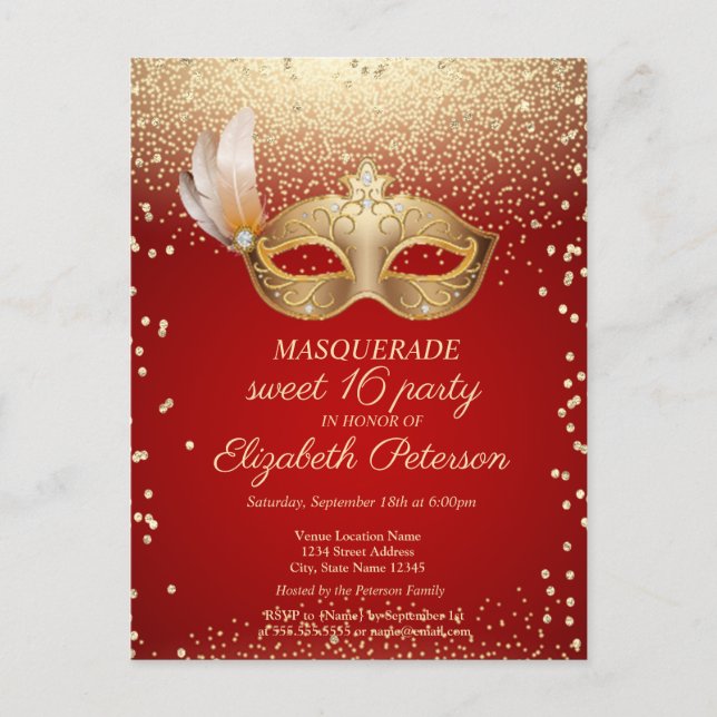 Postal De Invitación Diamantes de Mascarada,Máscara,Rojo Dulce 16  (Anverso)