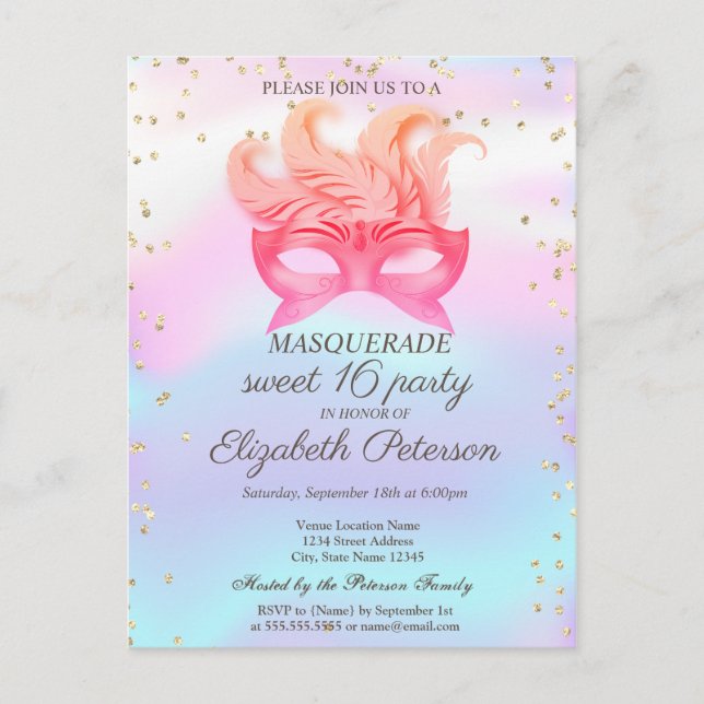 Postal De Invitación Diamantes de Mascarada, Masque, Dulce Holográfico  (Anverso)