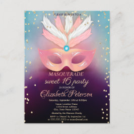Postal De Invitación Diamantes de oro de mascarada,dulce de masque rosa