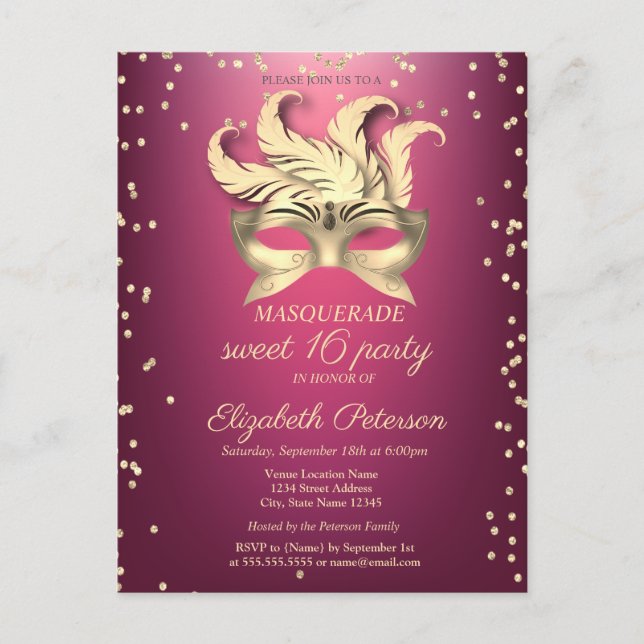 Postal De Invitación Diamantes de oro de mascarada, masque, dulce morad (Anverso)