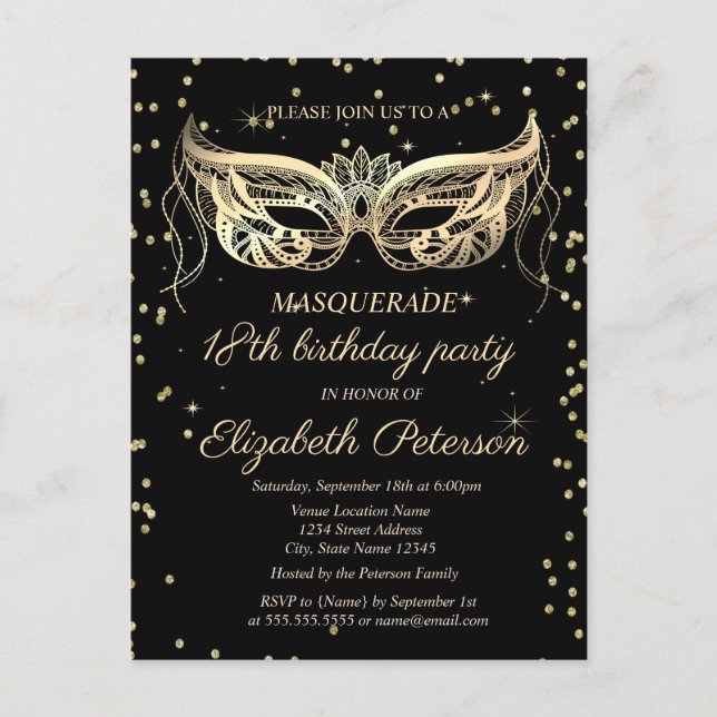 Postal De Invitación Diamantes de oro de Masquerade 18 cumpleaños (Anverso)