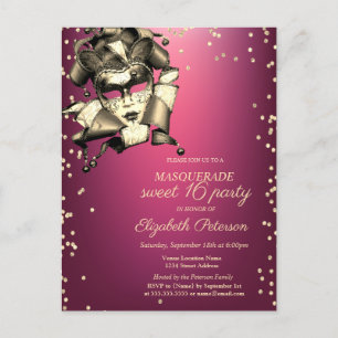 Postal De Invitación Diamantes de oro, masque de Venecia, dulce morado 