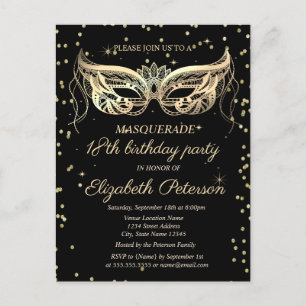Postal De Invitación Diamantes de Oro Masquerade Cumpleaños 18