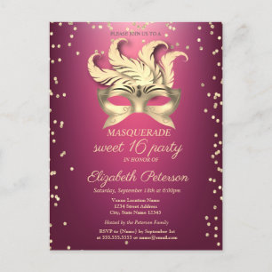 Postal De Invitación Diamantes de Oro Masquerade, Máscara, Dulces 16 Mo