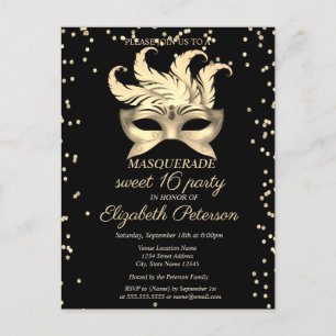 Postal De Invitación Diamantes de Oro Masquerade, Masque Sweet 16