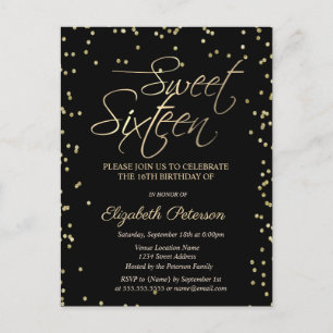 Postal De Invitación Diamantes de oro simples dulces negros 16 Invitaci