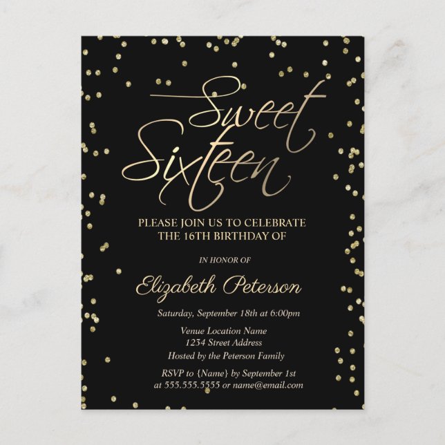 Postal De Invitación Diamantes de oro simples dulces negros 16 Invitaci (Anverso)