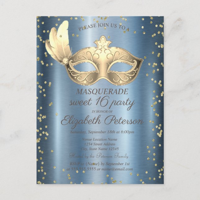 Postal De Invitación Diamantes Mascos Dulce Metálico Azul 16 (Anverso)