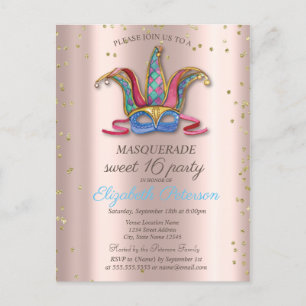 Postal De Invitación Diamantes Rosa Dorado Colorful Masque Sweet 16