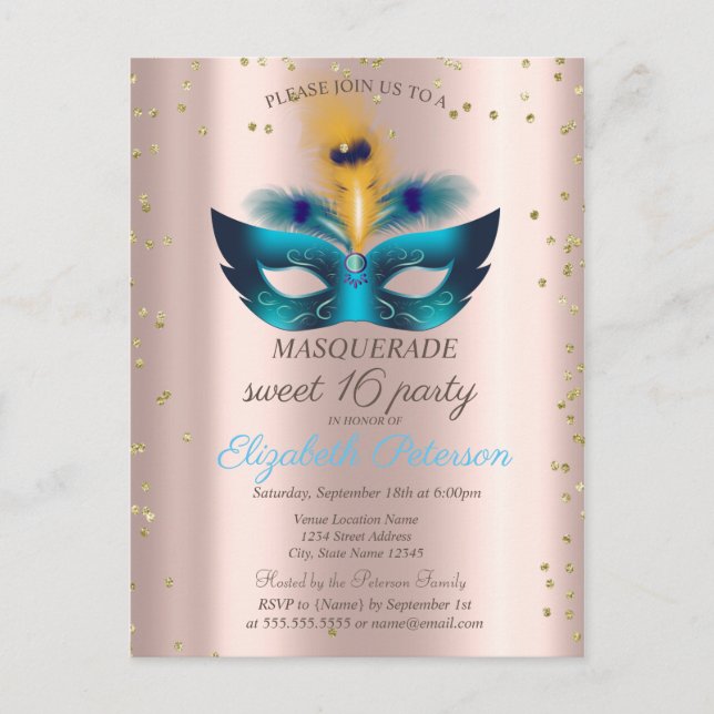 Postal De Invitación Diamantes Rosa Oro Azul Máscara Dulces 16 (Anverso)