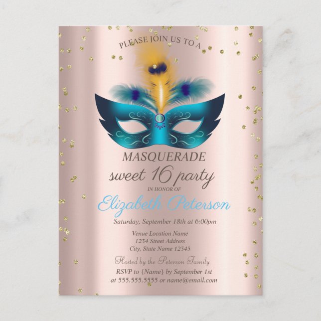 Postal De Invitación Diamantes Rosa Oro Azul Masquerade Dulce 16 (Anverso)
