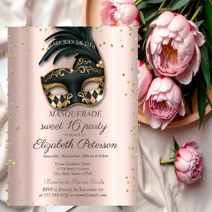 Postal De Invitación Diamantes Rosa Oro Negro Máscara Dulce 16