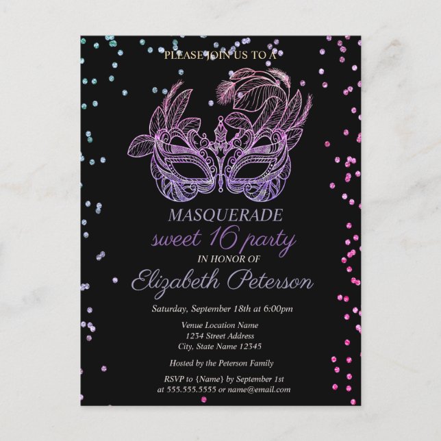 Postal De Invitación Diamantes violetas de mascarada, dulce mágico 16 (Anverso)