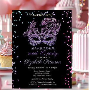 Postal De Invitación Diamantes Violetas de Mascarada,Masque Sweet 16 