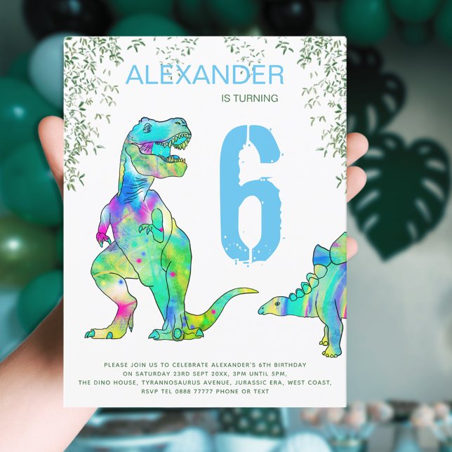 Postal De Invitación Dino fiesta lindo dinosaurios 6º presupuesto por c (T-Rex colorful dinosaur and Jurassic jungle foliage 6th birthday party invitation blue and green)