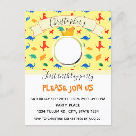 Postal De Invitación Dinosaur 1er cumpleaños colorida foto de niño bebé