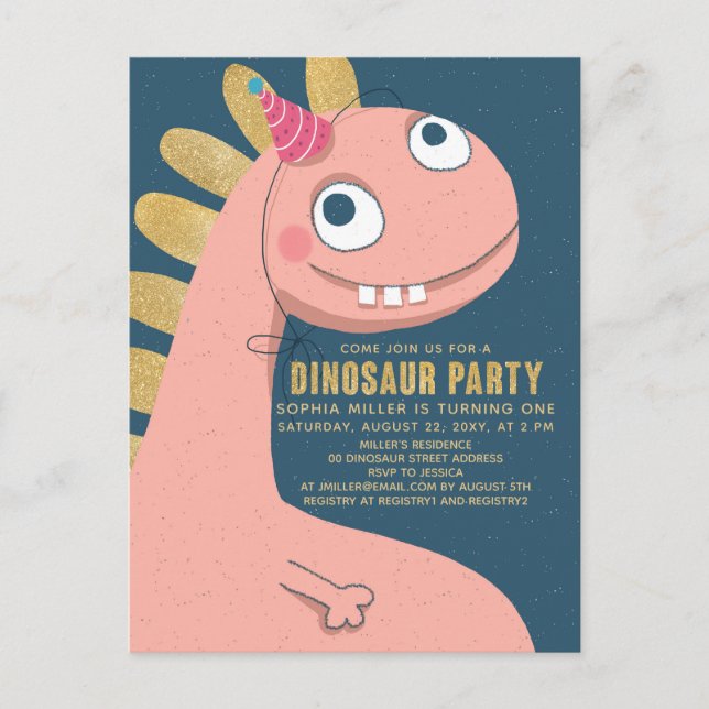 Postal De Invitación Dinosaur Faux Gold Pink Fun Cute Chicas Niños (Anverso)