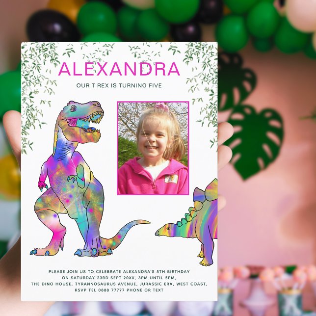 Postal De Invitación Dinosaur Girls 5th Birthday Party Budget (Colorful T-Rex dinosaur girls 5th birthday party budget invitation with photo template )