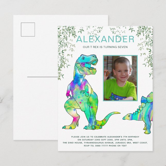 Postal De Invitación Dinosaur Jungle Foto Presupuesto del partido de cu (Anverso / Reverso)