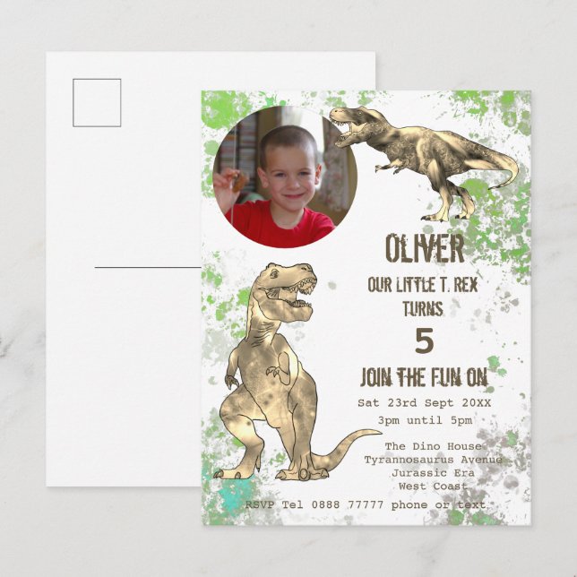 Postal De Invitación Dinosaurio 5º Partido de Cumpleaños T Rex Boys Fot (Anverso / Reverso)
