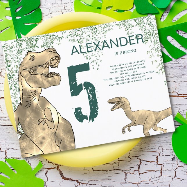 Postal De Invitación Dinosaurio 5.º presupuesto del partido de cumpleañ (Dinosaur jungle T-Rex and Velociraptor 5th birthday party budget invitation for dino lovers)