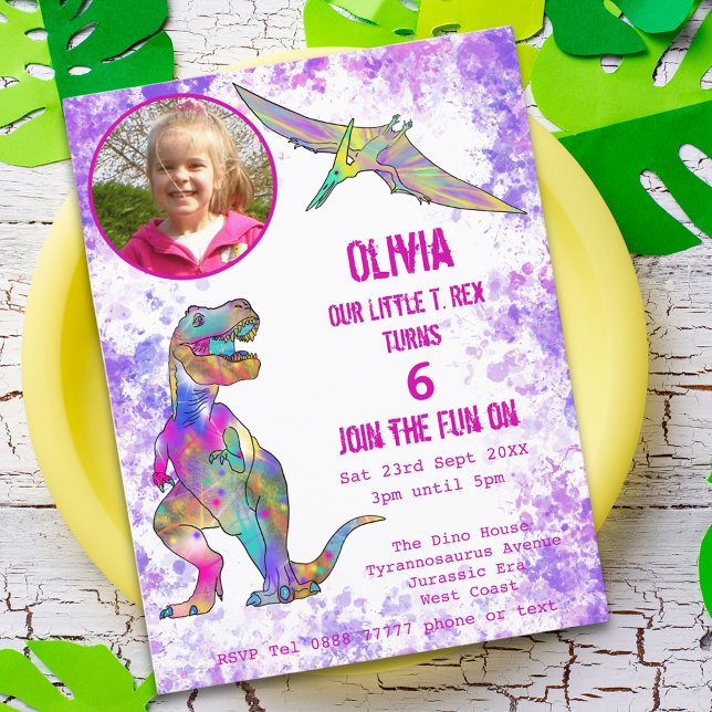 Postal De Invitación Dinosaurio 5 Cumpleaños T Rex Chica Foto Púrpura R (Dinosaur T-Rex girls 5th birthday party budget invitation postcard with photo template watercolor)