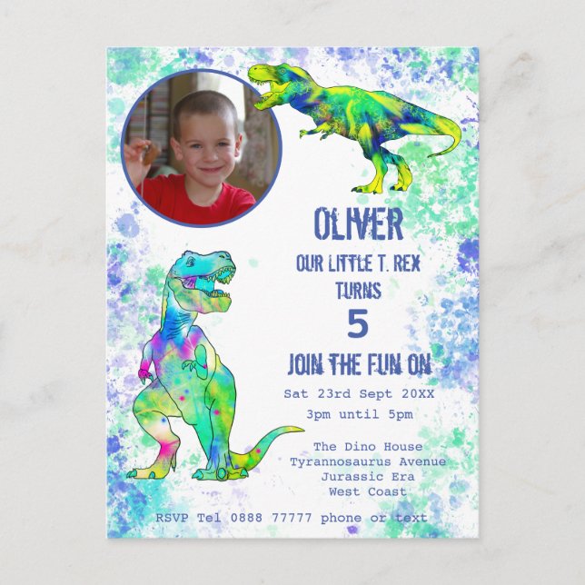 Postal De Invitación Dinosaurio 5 cumpleaños T Rex niños foto azul verd (Anverso)