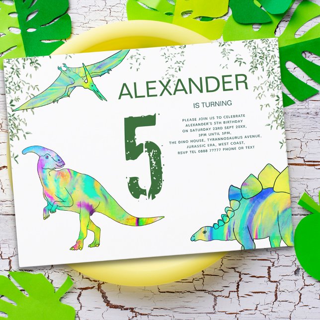 Postal De Invitación Dinosaurio 5. Presupuesto del partido de cumpleaño (Colorful dinosaur jungle 5th birthday party budget invitation postcard watercolor dino modern art)