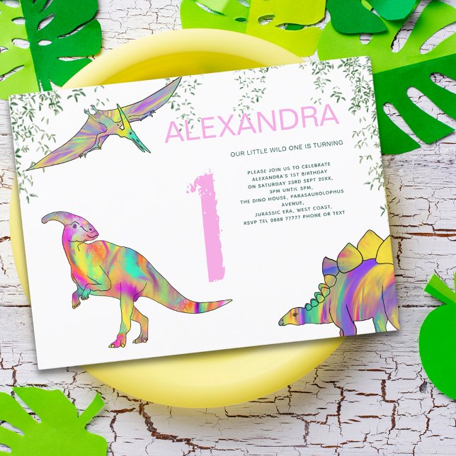Postal De Invitación Dinosaurio acuarela Primer cumpleaños Fiesta presu (Colorful dinosaurs 1st birthday party pink budget invitation wild one girl)