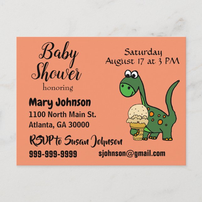 Postal De Invitación Dinosaurio bebé gracioso y Baby Shower de helado (Anverso)