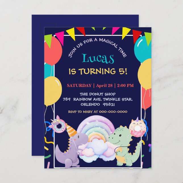 Postal De Invitación Dinosaurio lindo Unicornio Arcoíris donut globo pa (Anverso / Reverso)