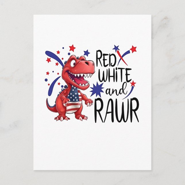 Postal De Invitación Dinosaurio Rojo Blanco Rawr Occidental  (Anverso)
