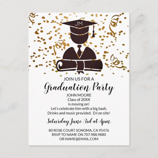 Postal De Invitación Diploma Graduado De Silhouette Y Confetti (Anverso)