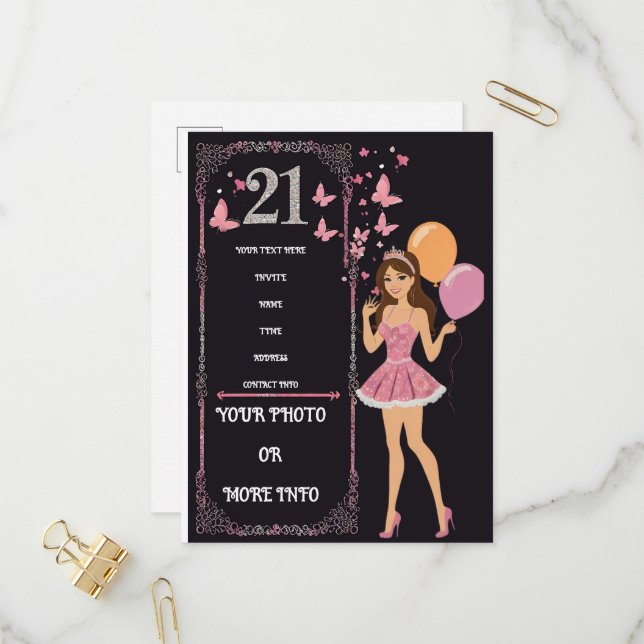 Postal De Invitación Diseño de cumpleaños con opciones de fotos persona (Anverso/Reverso In Situ)