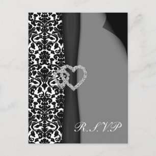 Postal De Invitación Diseño diamante de cinta FAUX de Damask blanco y n